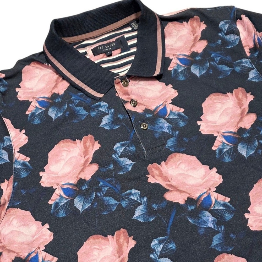 Ted Baker Polo Mens XL Navy Pink Floral Lively Short Sleeve Cotton Shirt TC8M